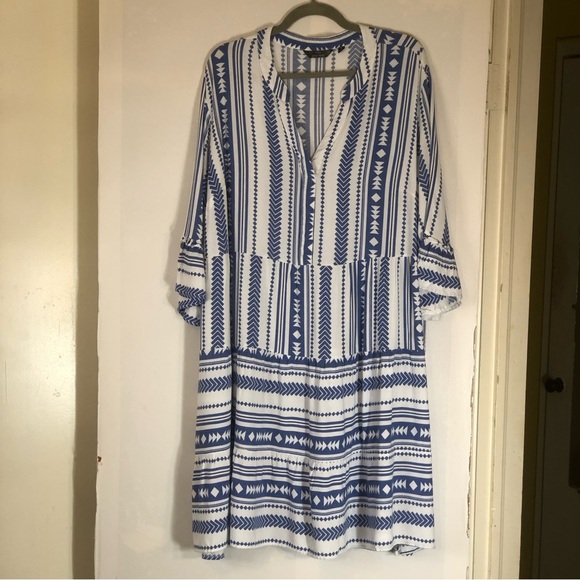 Mlle Gabrielle Aztec Notch Neck Tiered Midi Dress - Blue-3X - Picture 4 of 12